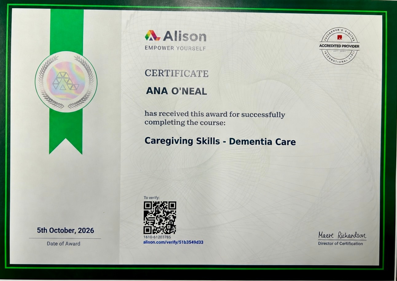 Alison certificate — Caregiving Skills: Dementia Care, awarded to Ana O'Neal, October 2026